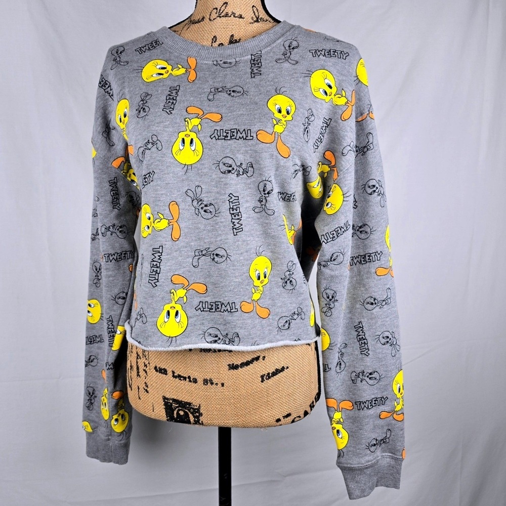 Looney Tunes Tweety‎ Bird Cropped Sweatshirt Gray All Over Print Womens Medium